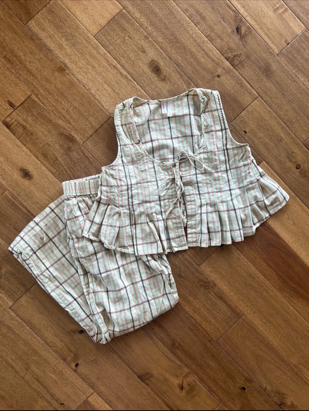 Anthropologie LyreBird 100% Cotton Plaid Pajama Set XS Ruffle Cottagecore